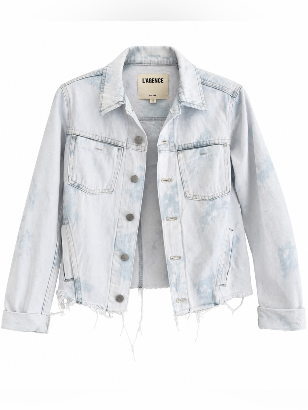 L'AGENCE Pale Blue Tie-Dye Distressed Denim Jacket, size small